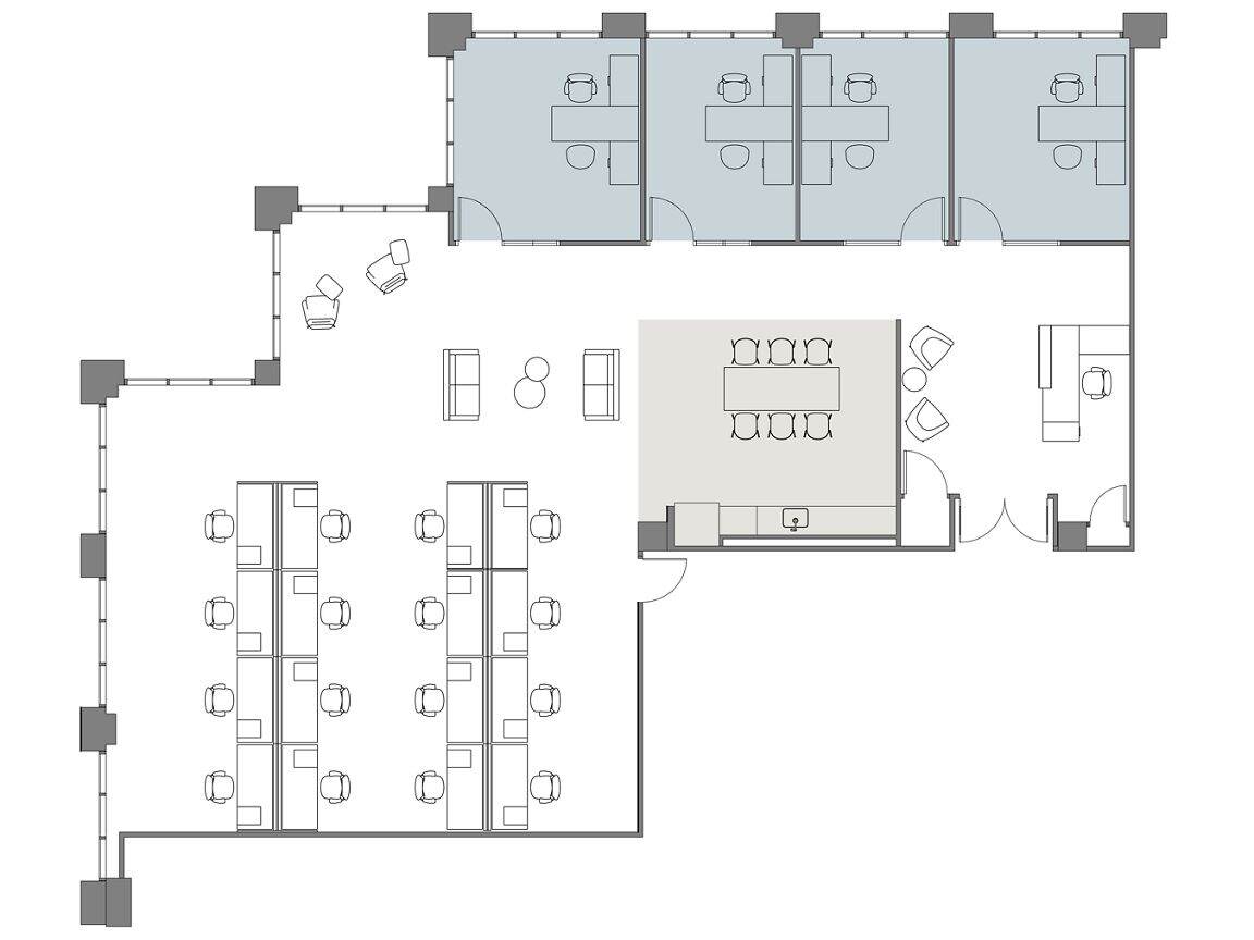 Hypothetical Furniture Plan

4 offices
17 workstations
1 break area
