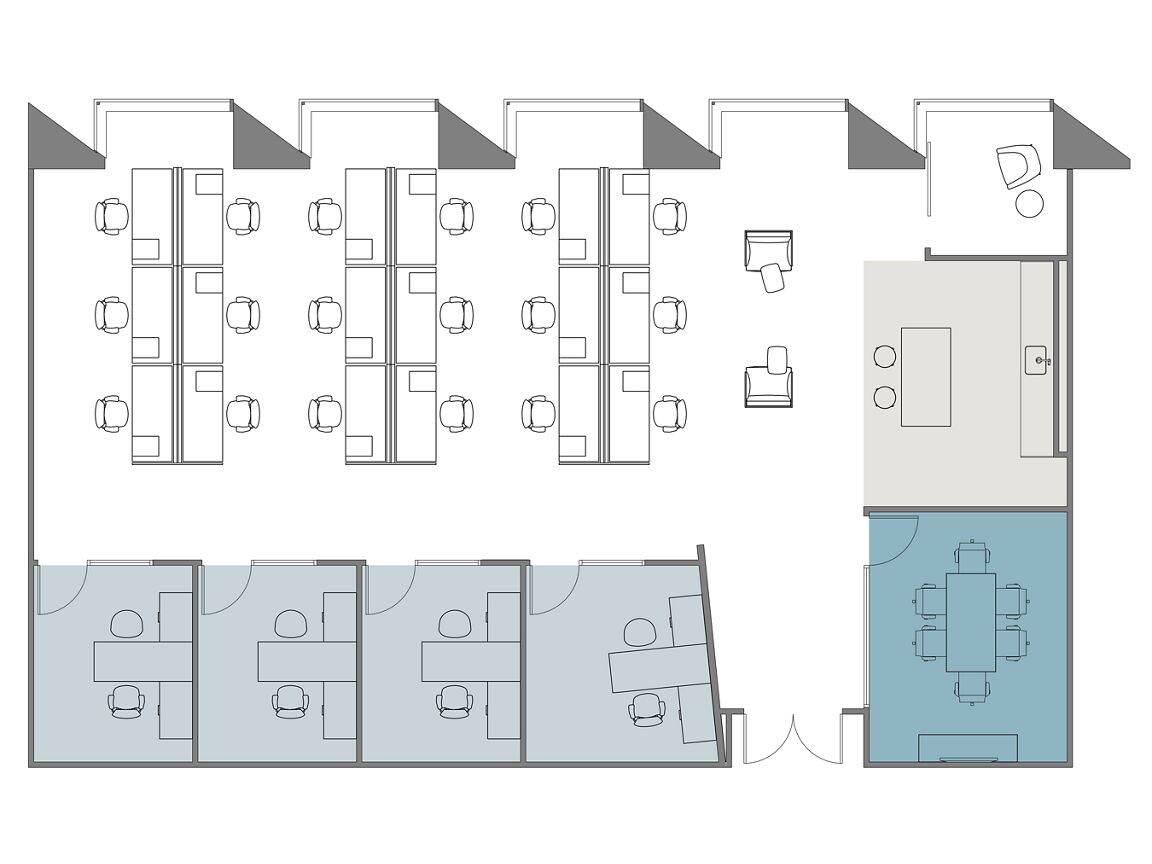Hypothetical Furniture Plan

4 offices
18 workstations
1 meeting room
1 break area
