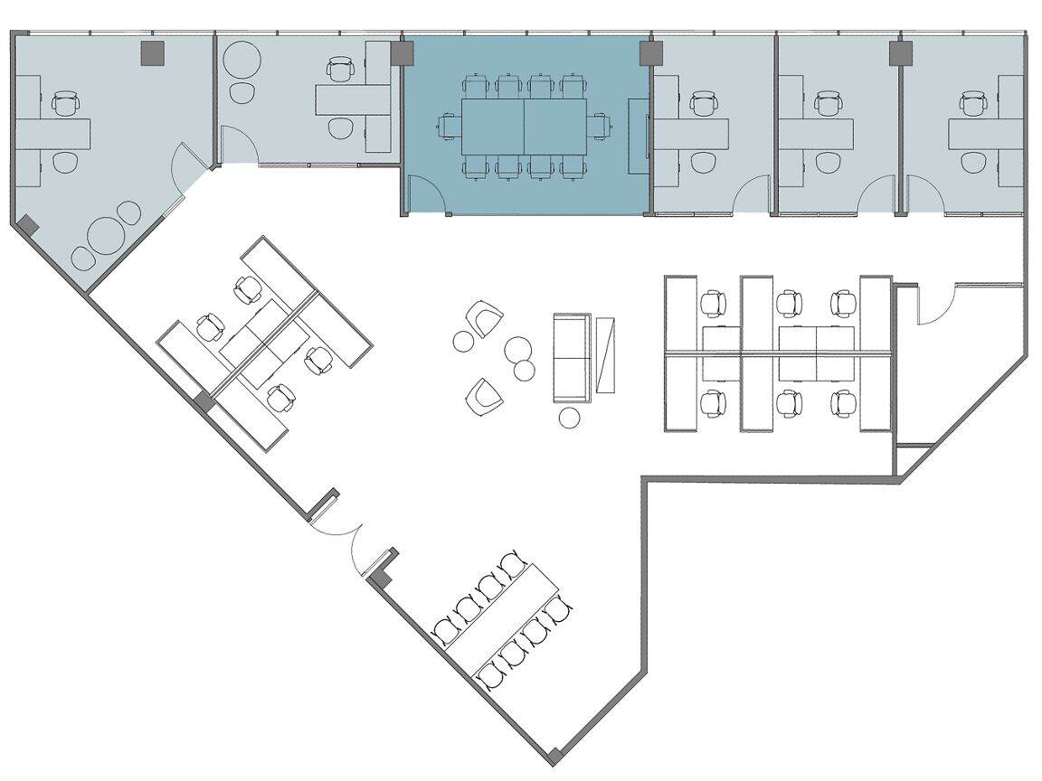 Hypothetical Furniture Plan

33 offices
24 workstations
2 meeting rooms
2 break areas
