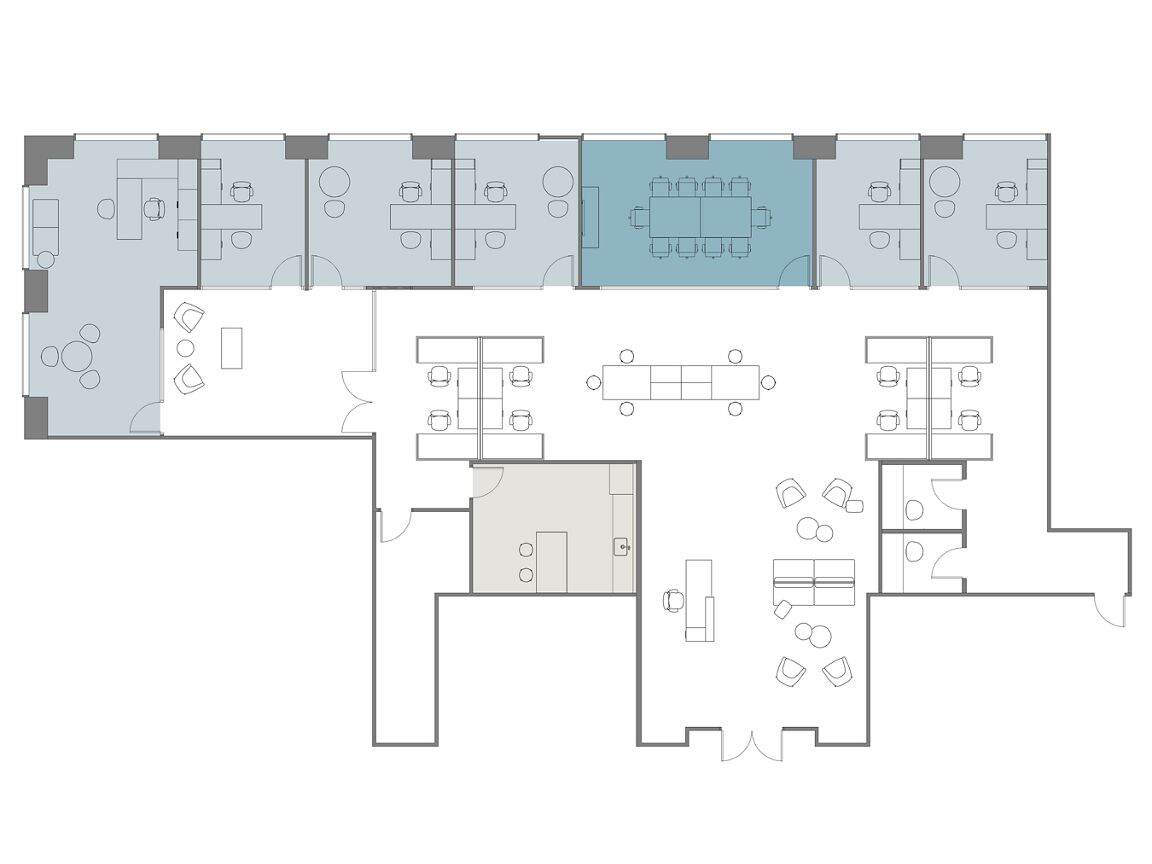 Hypothetical Furniture Plan

8 offices
13 workstations
1 meeting room
1 break area

