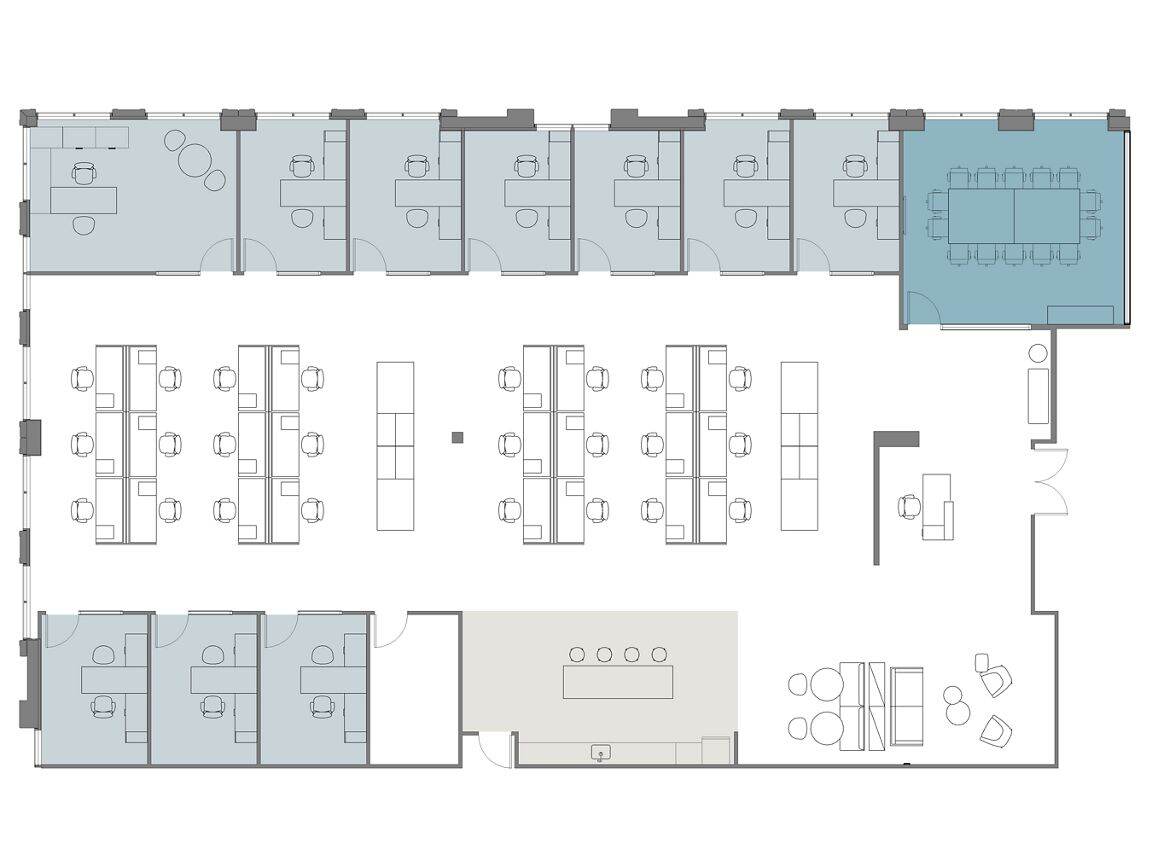 Hypothetical Furniture Plan

10 offices
25 workstations
1 meeting room
1 break area
