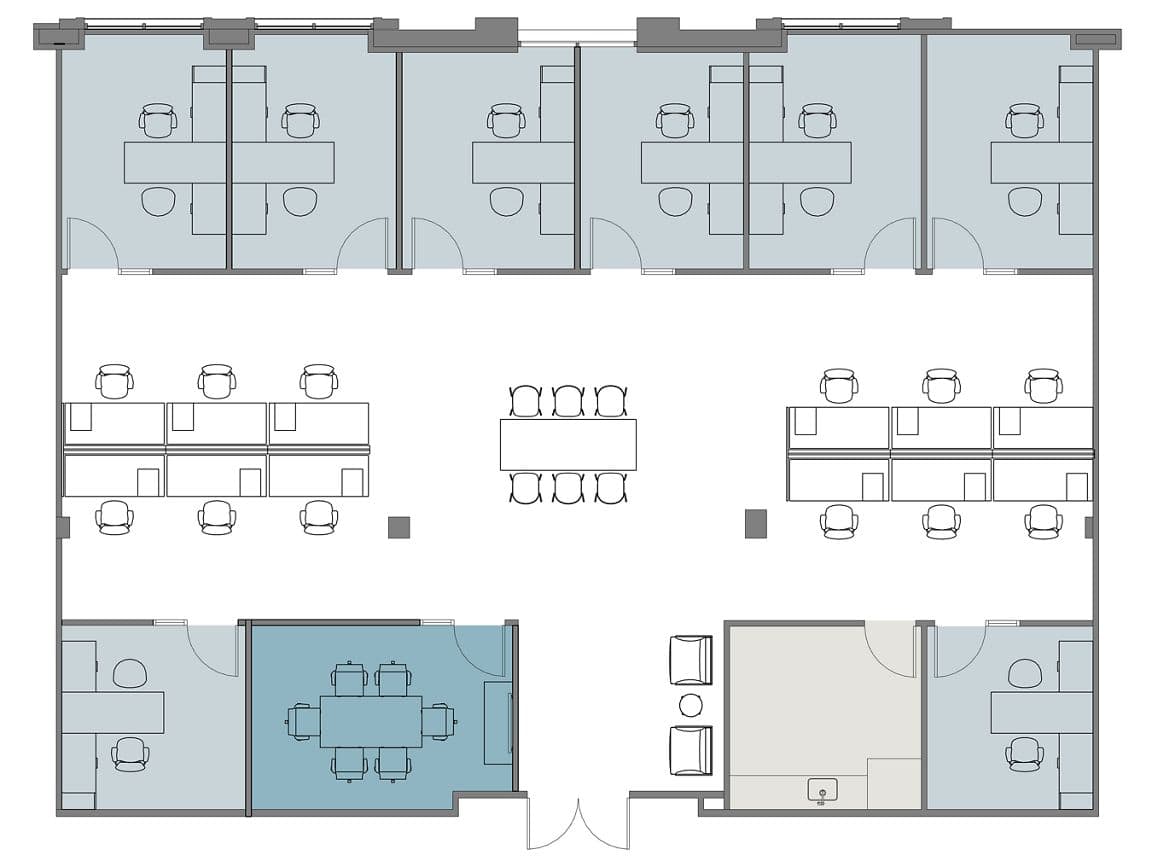 Hypothetical Furniture Plan

8 offices
12 workstations
1 meeting room
1 break area
