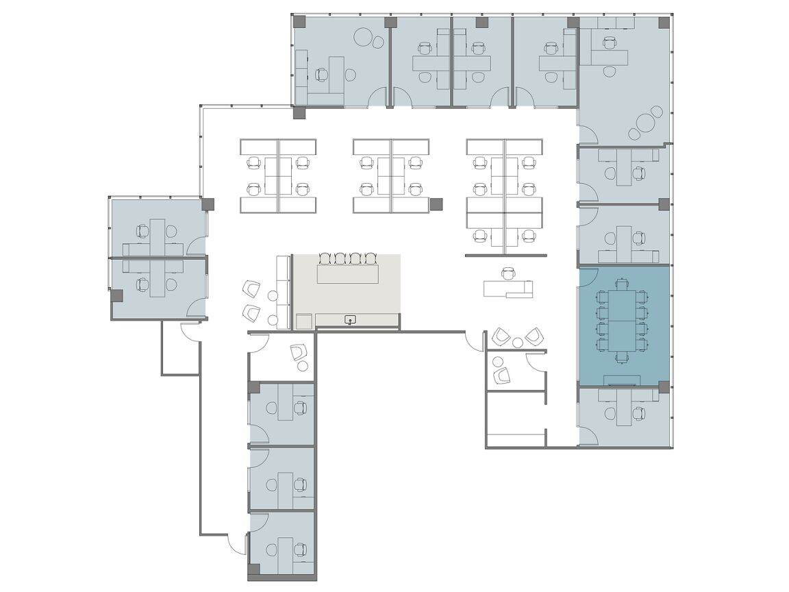 Hypothetical Furniture Plan

13 offices
15 workstations
1 meeting room
1 break area
