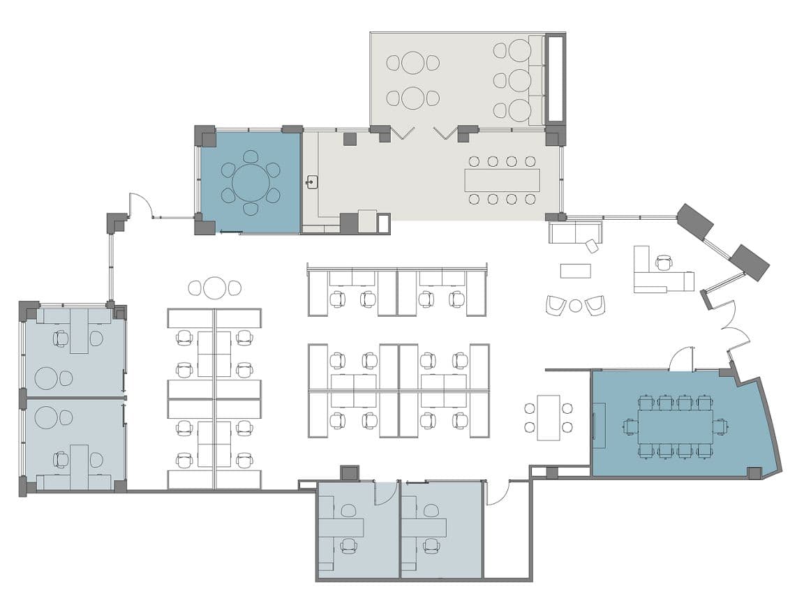 Hypothetical Furniture Plan

4 offices
21 workstations
2 meeting rooms
1 break area
