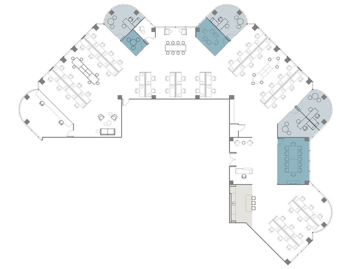 Hypothetical Furniture Plan

4 offices
57 workstations
3 meeting rooms
1 break area
