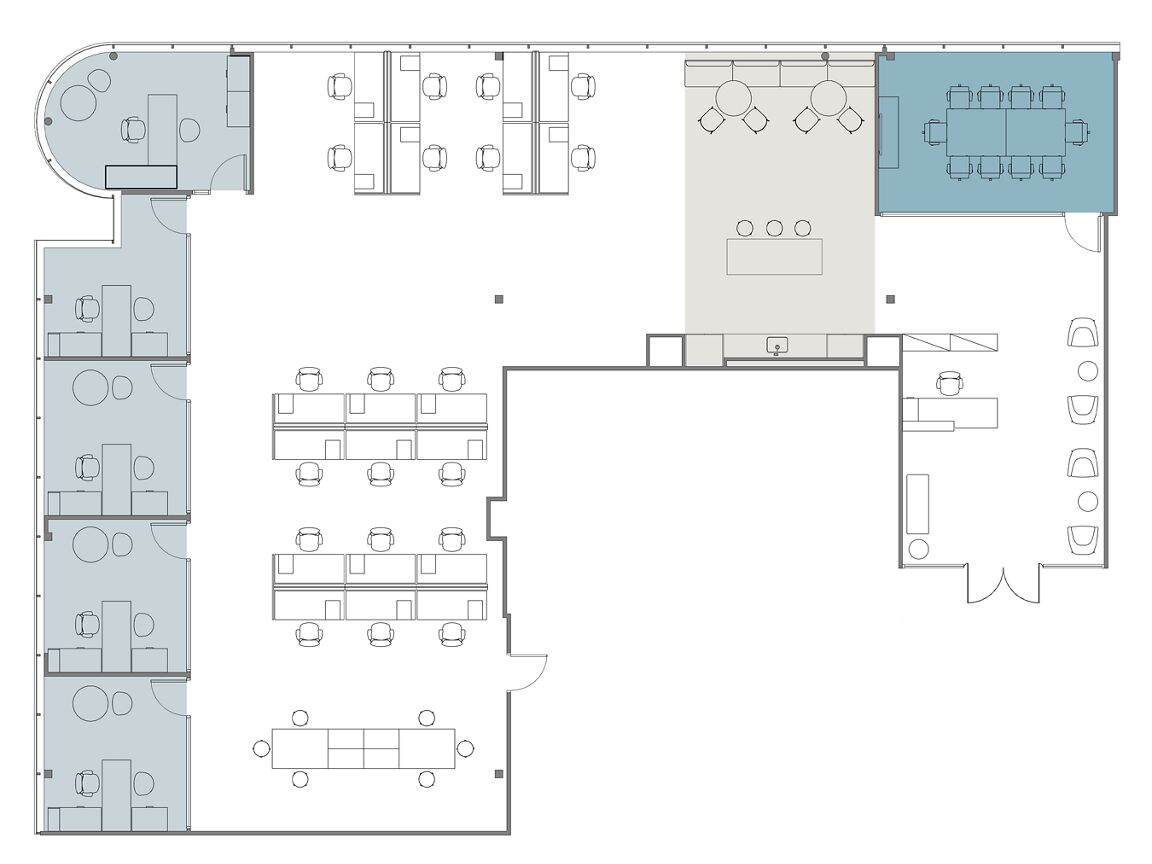 Hypothetical Furniture Plan

5 offices
21 workstations
1 meeting room
1 break area

