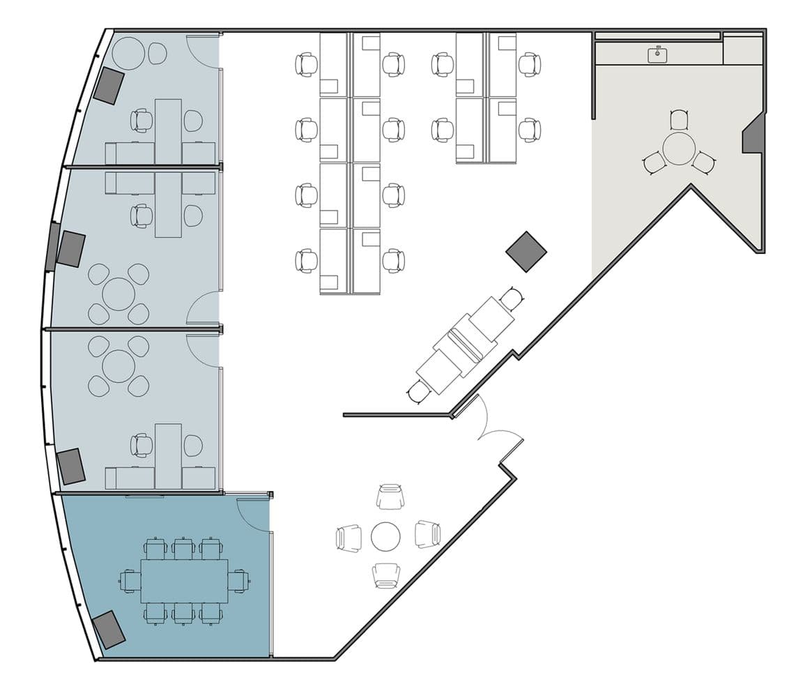 Hypothetical Furniture Plan

3 offices
12 workstations
1 meeting room
1 break area
