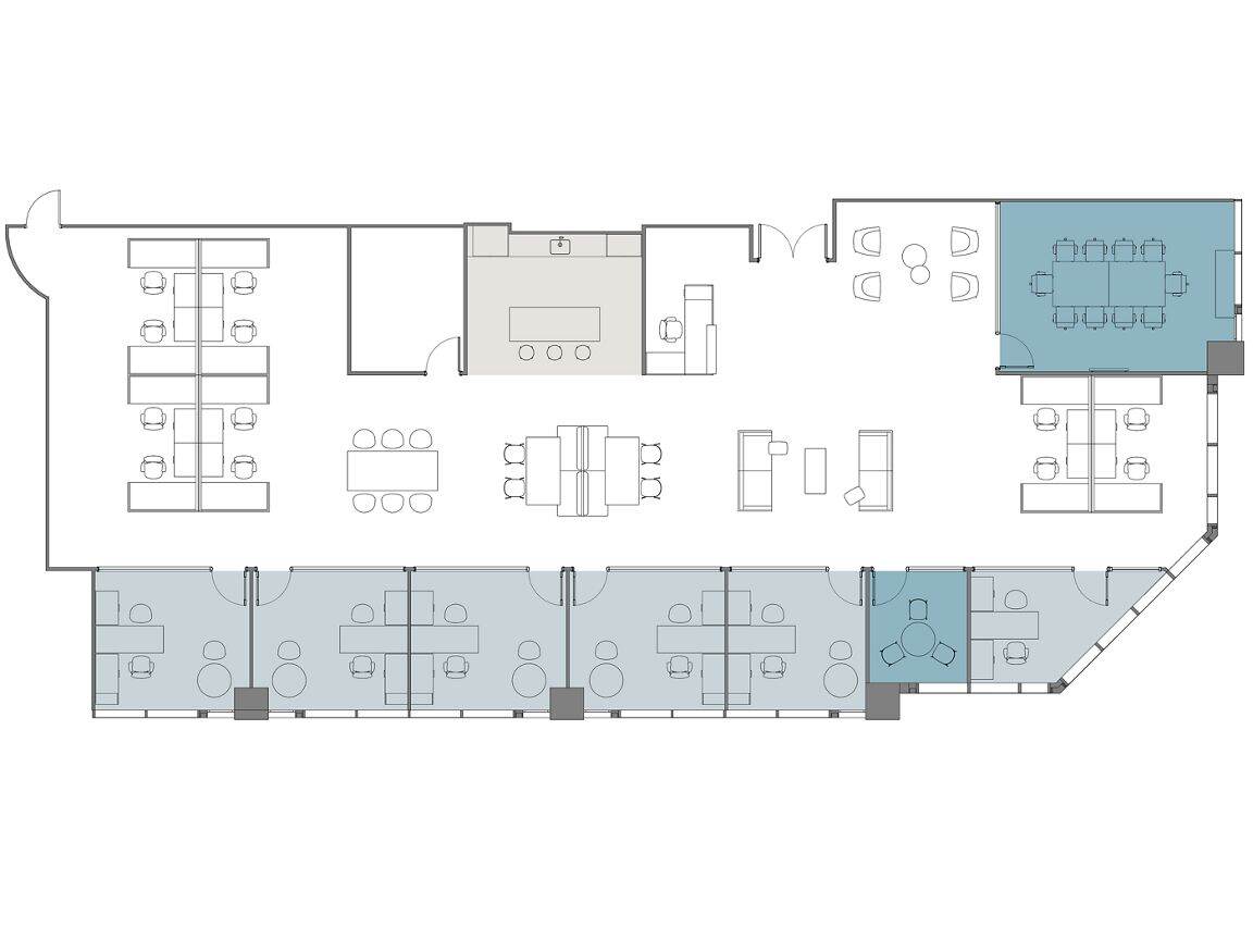Furniture Plan

6 offices
13 workstations
2 meeting rooms
1 break area
