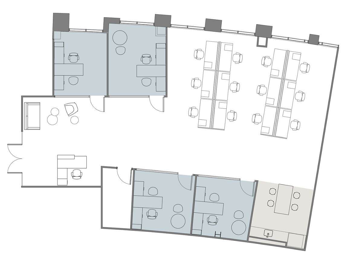 Hypothetical Furniture Plan

2 offices
13 workstations
1 meeting room
1 break area
