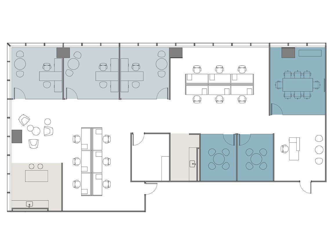 Hypothetical Furniture Plan

3 offices
13 workstations
3 meeting rooms
2 break areas
