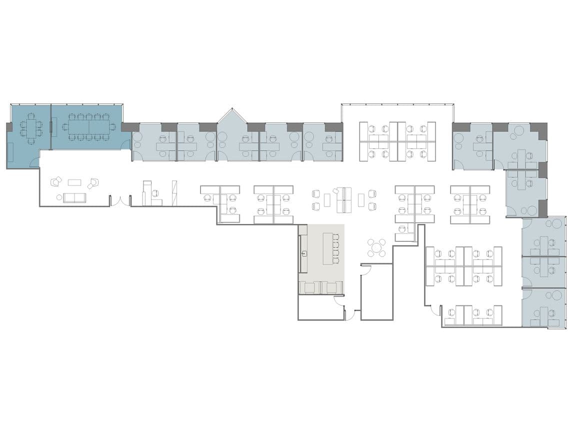 Hypothetical Furniture Plan

11 offices
36 workstations
2 meeting rooms
1 break area

