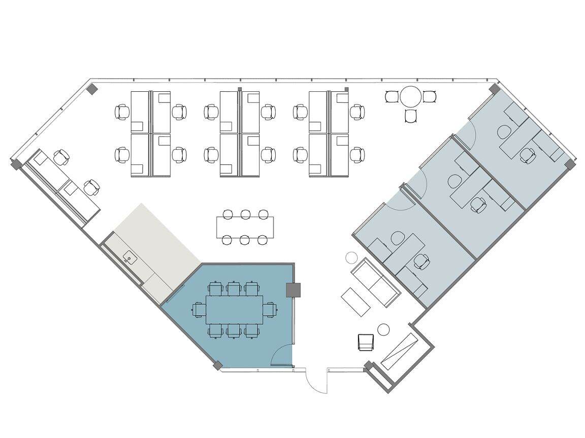 Hypothetical Furniture Plan

3 offices
14 workstations
1 meeting room
1 break area
