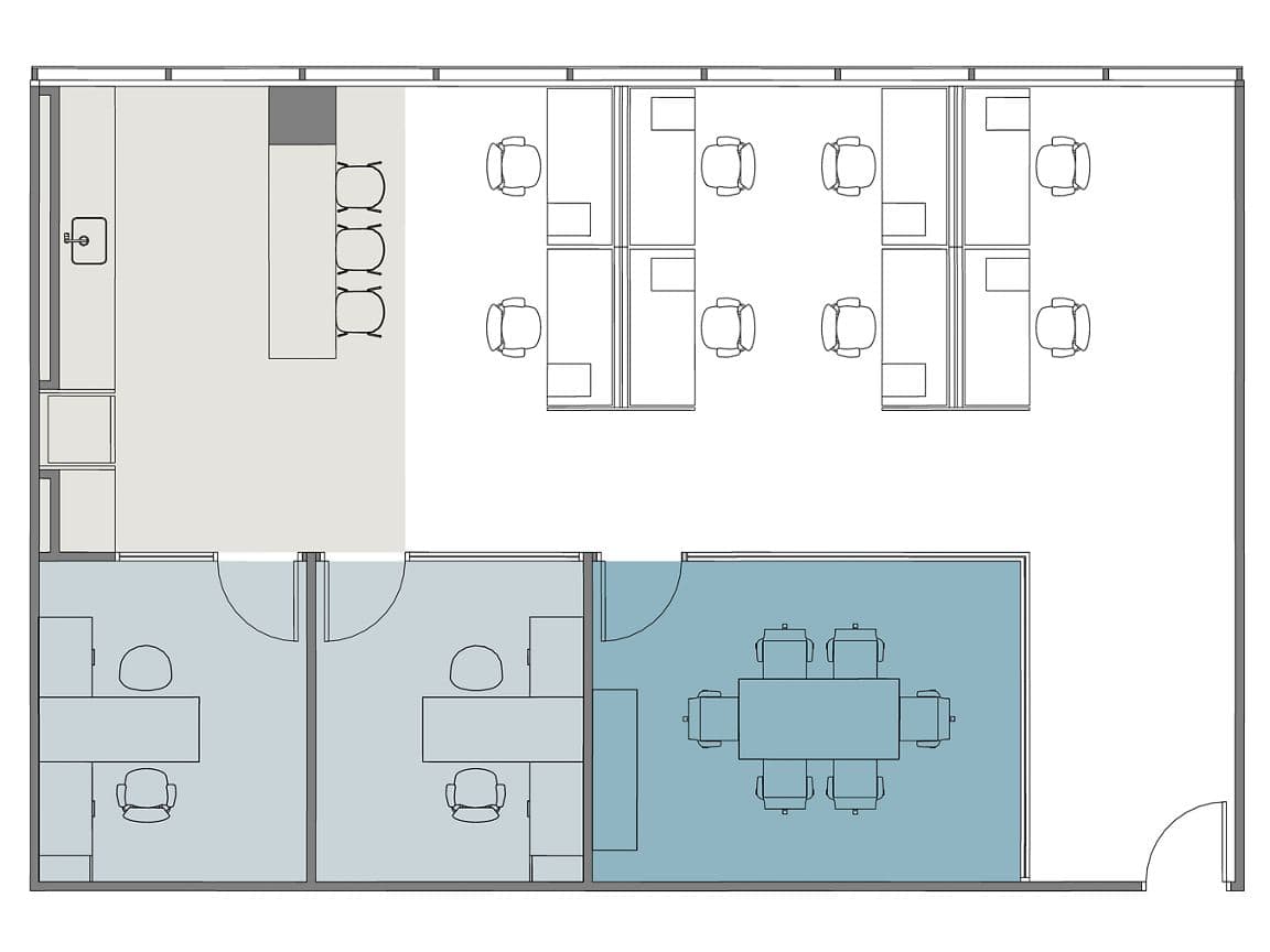 Hypothetical Furniture Plan

2 offices
8 workstations
1 meeting room
1 break area
