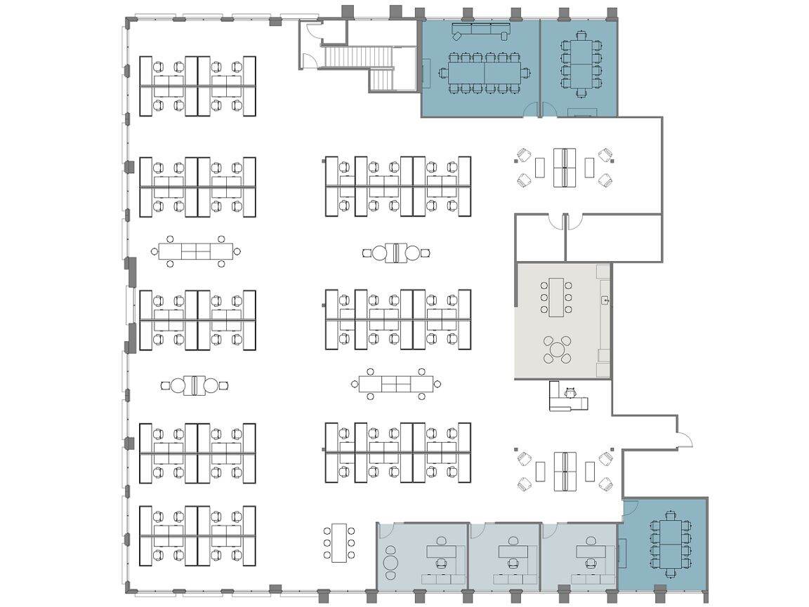 Hypothetical Furniture Plan

3 offices
71 workstations
3 meeting rooms
1 break area
