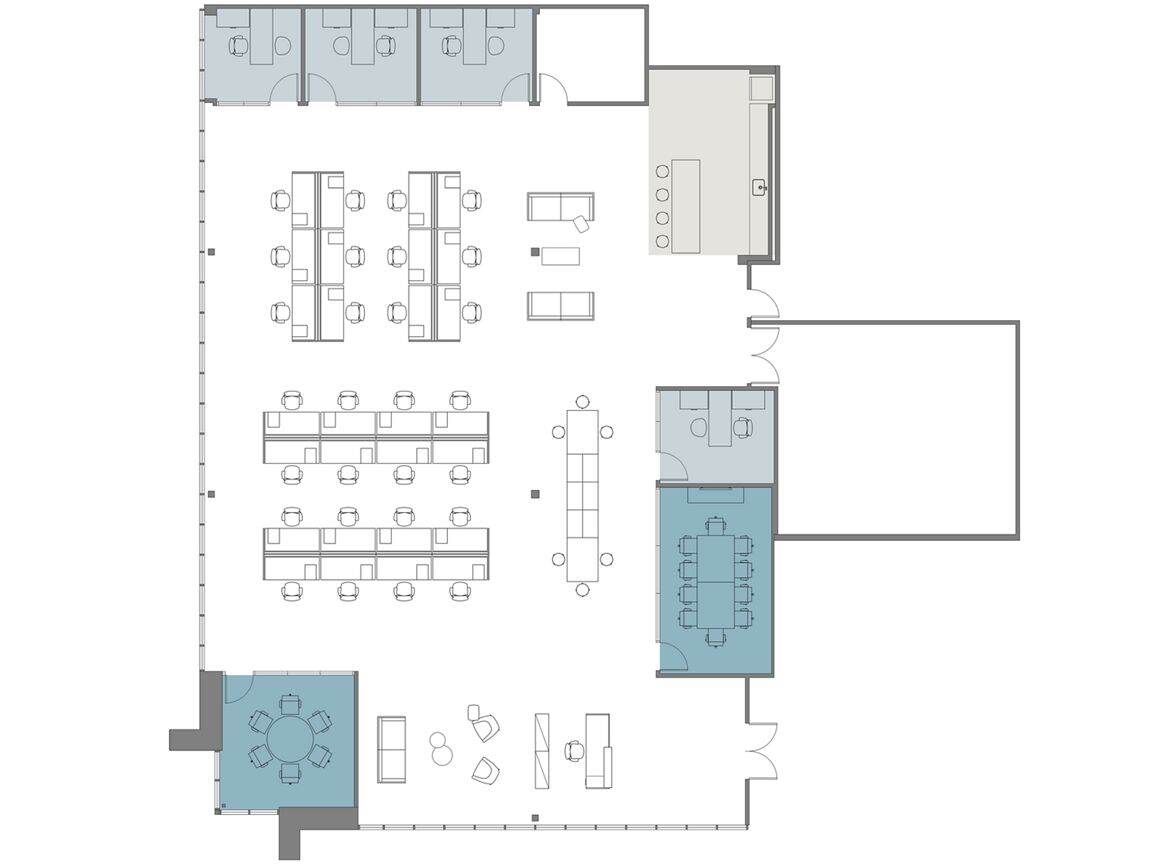 Hypothetical Furniture Plan

4 offices
29 workstations
2 meeting rooms
1 break area
