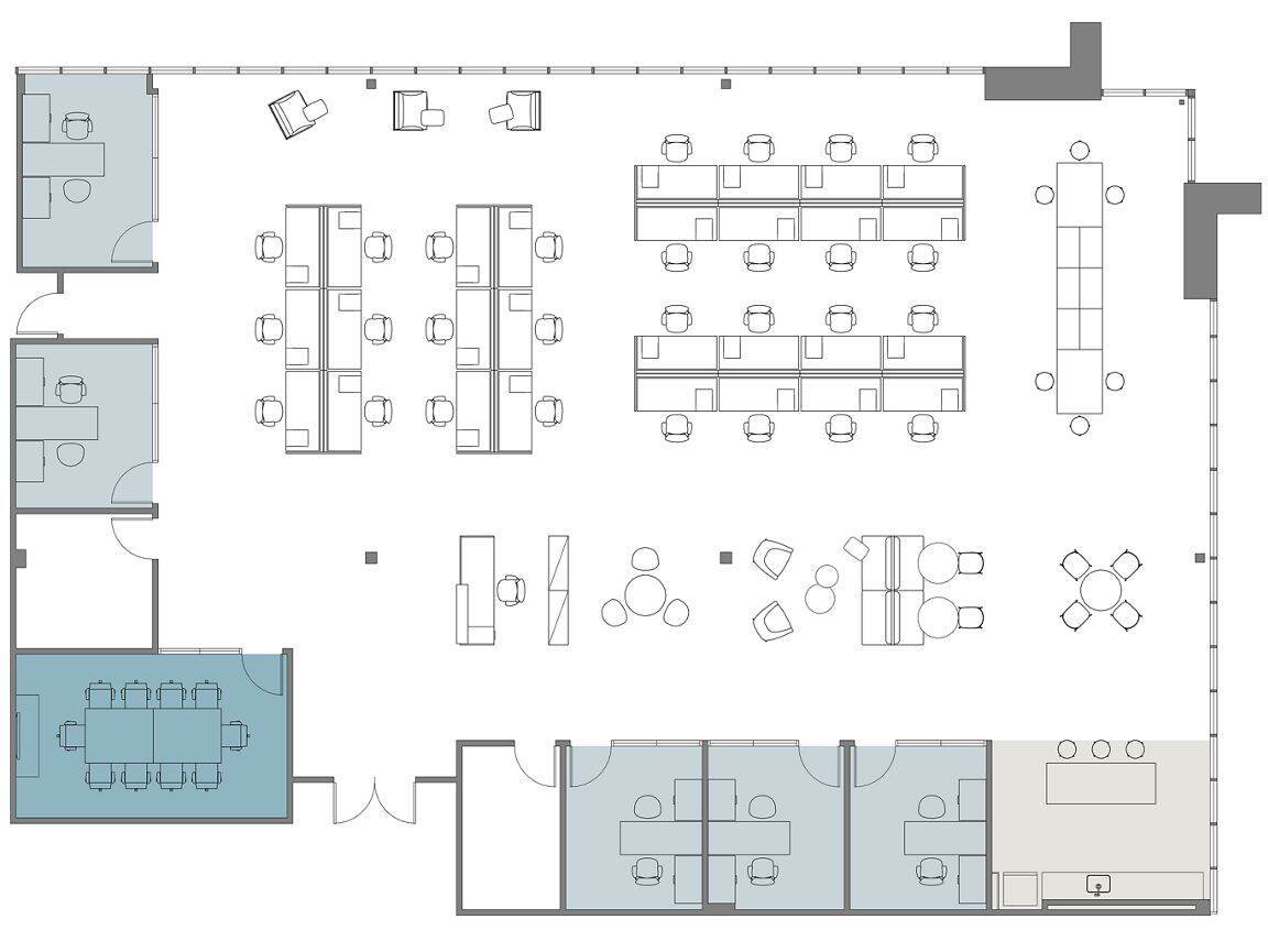 Hypothetical Furniture Plan

5 offices
29 workstations
1 meeting room
1 break area
