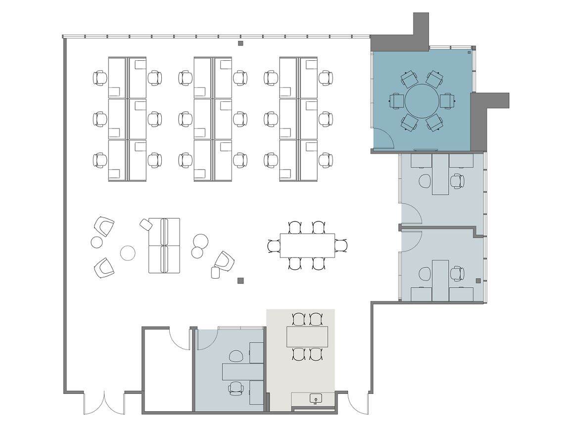 Hypothetical Furniture Plan

3 offices
18 workstations
1 meeting room
1 break area
