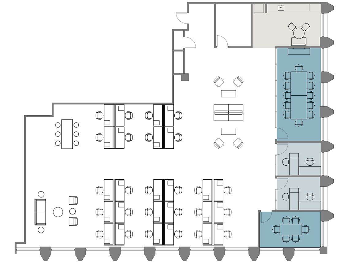 Hypothetical Furniture Plan

2 offices
26 workstations
2 meeting rooms
1 break area
