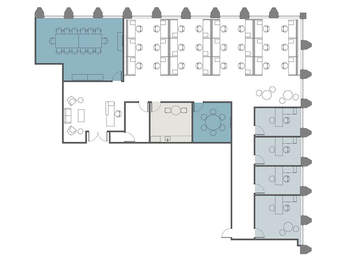Hypothetical Furniture Plan

4 offices
25 workstations
2 meeting rooms
1 break area

