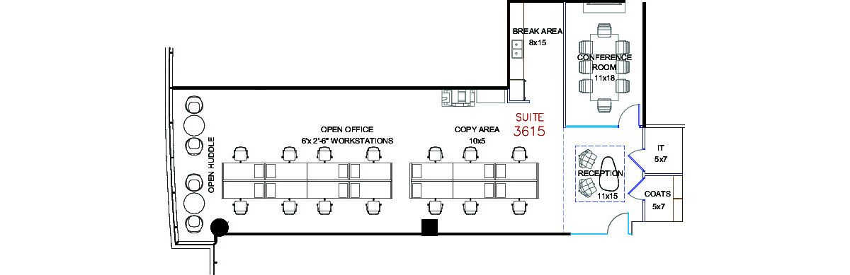 Flex+ floor plan for One North Wacker Drive, suite 3615 in Chicago, IL.