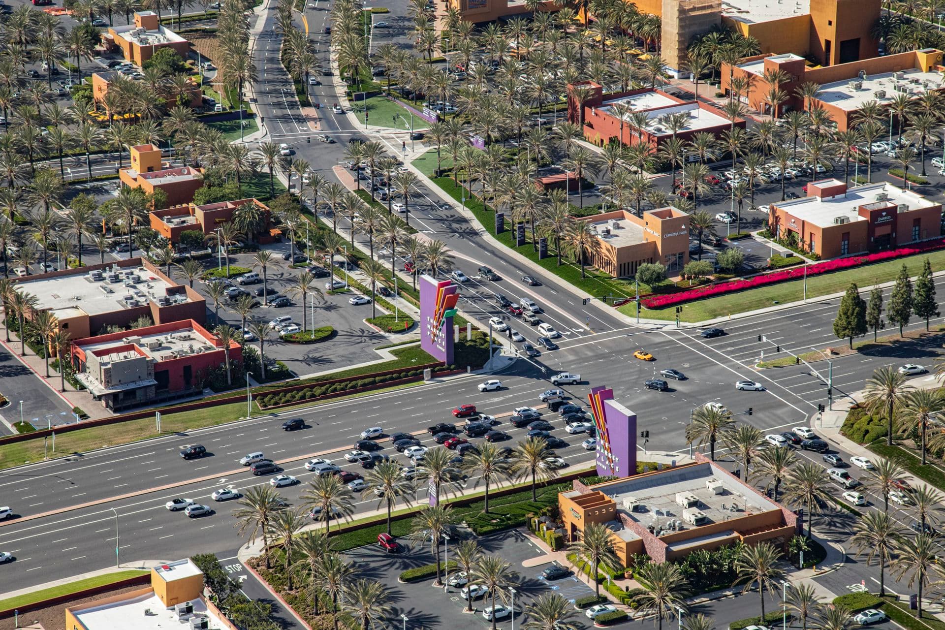 Aerial photography of The Market Place, a retail shopping center in Irvine, CA
