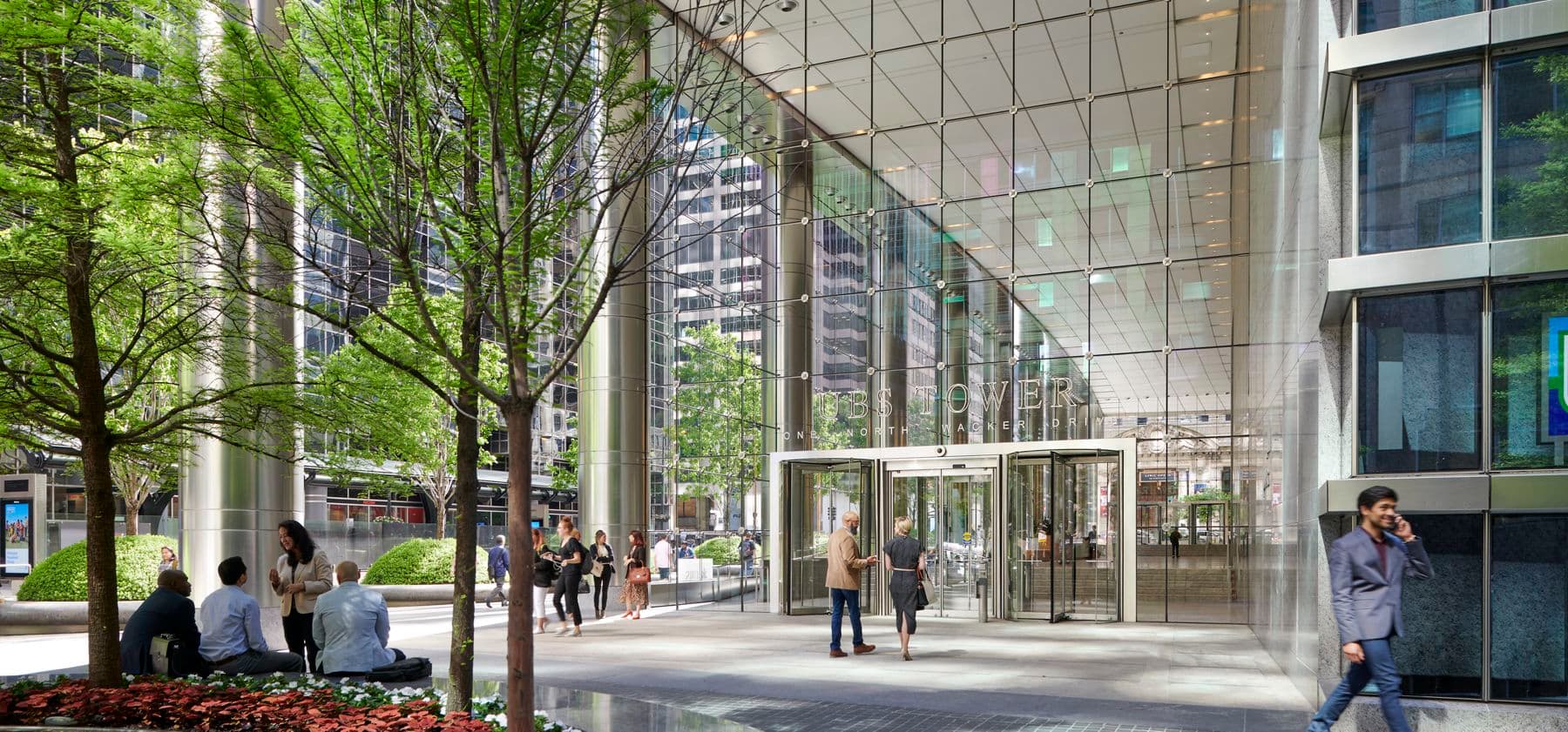Lifestyle photography of the building entry at One North Wacker in Chicago, IL