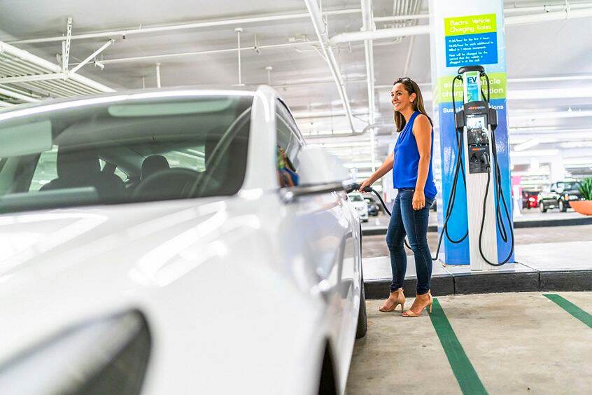 Lifestyle photography of the EV charging stations located at the Western Asset Plaza parking structure in Pasadena, CA