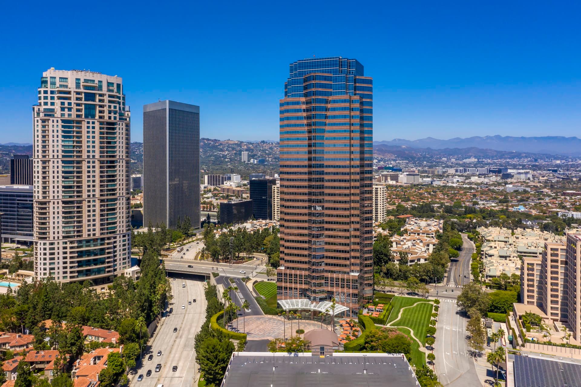 Aerial view of 2121 Avenue of the Stars Office Properties in Los Angeles, CA.