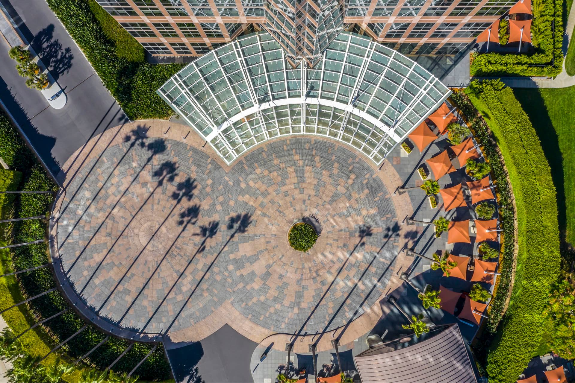 Aerial view of entrance at 2121 Avenue of the Stars Office Properties in Los Angeles, CA.