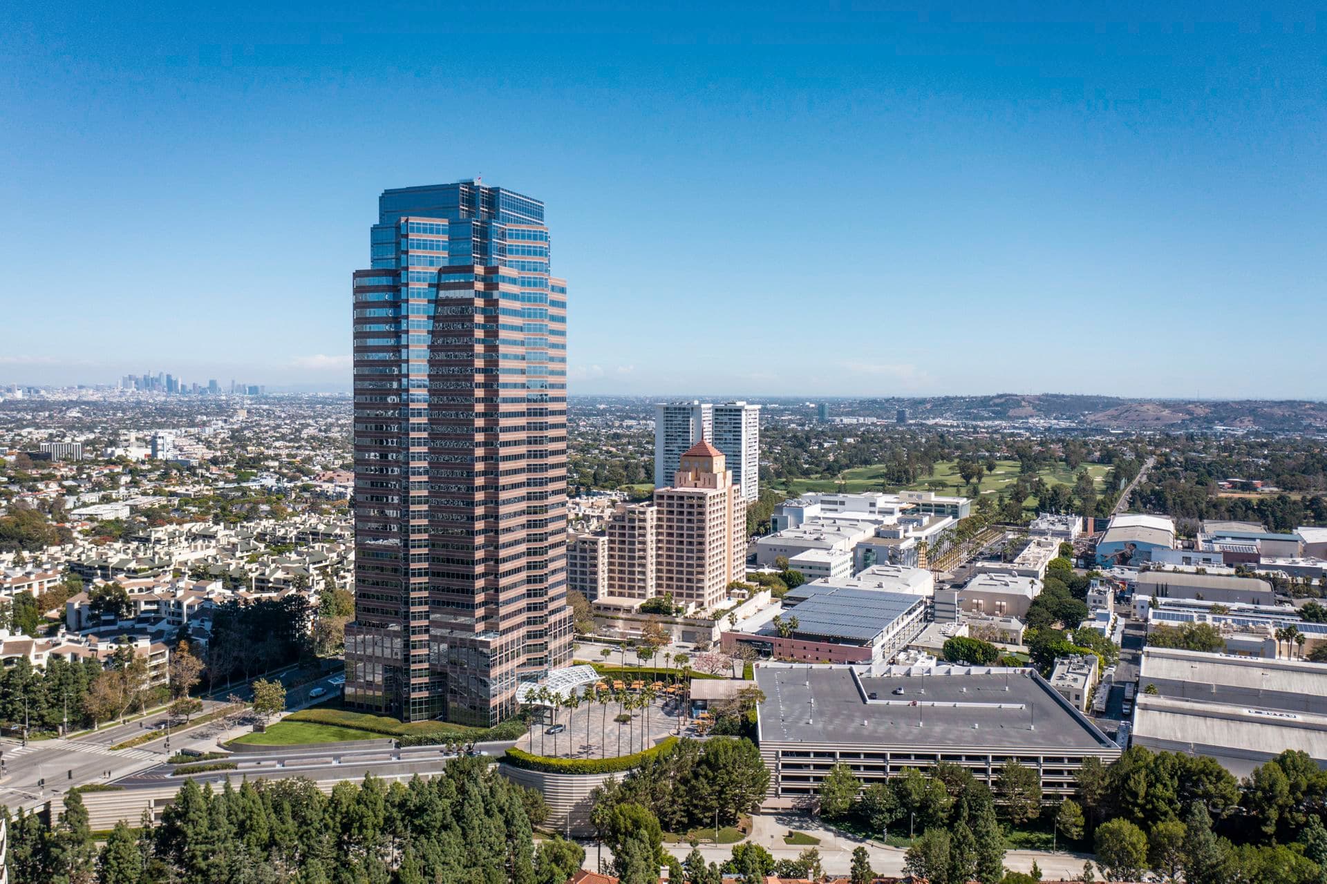 Aerial view of the 2121 Avenue of the Stars office building in Los Angeles, CA.
