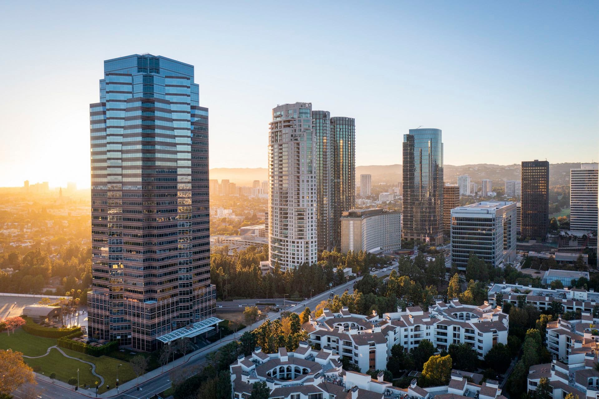 Aerial view of the 2121 Avenue of the Stars office building in Los Angeles, CA.