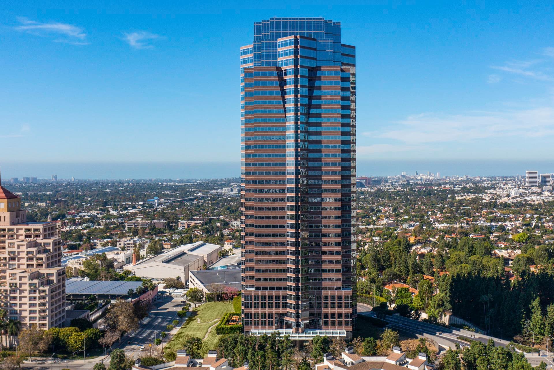 Aerial view of the 2121 Avenue of the Stars office building in Los Angeles, CA.