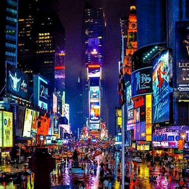 Times Square in New York on a rainy night.