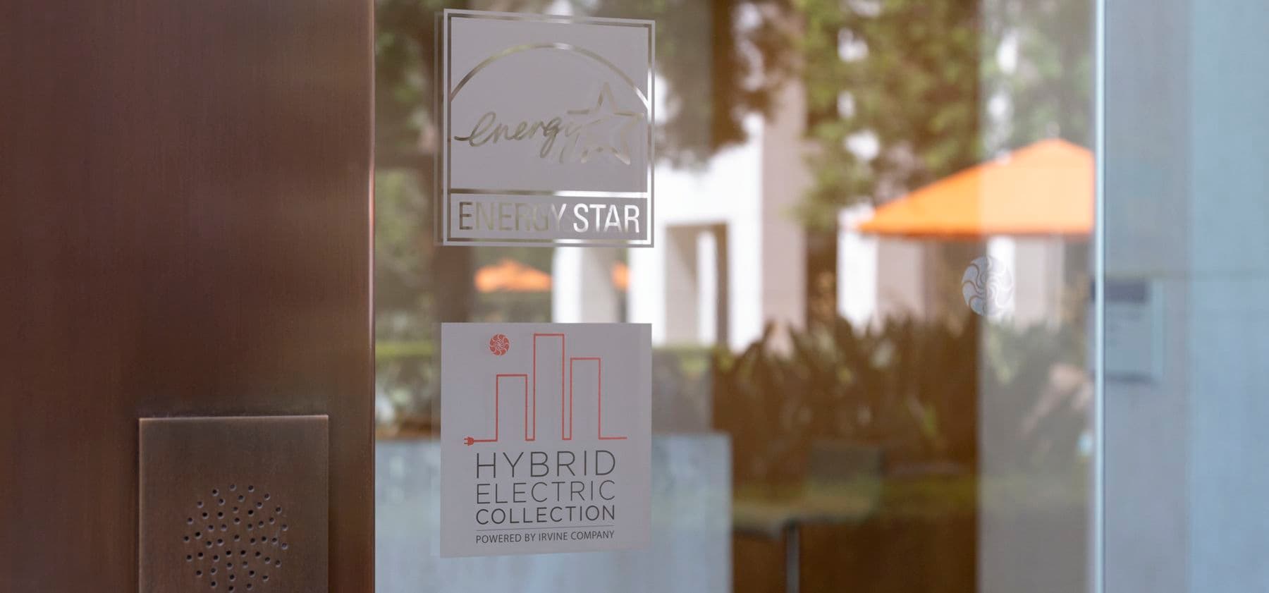 Sustainability signage for LEED, ENERGY STAR and the Hybrid Electric Collection at 1 Park Plaza in Irvine, CA