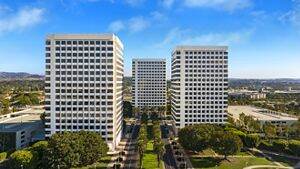 Exterior aerial hero photography of the Jamboree Center buildings in Irvine, CA.
