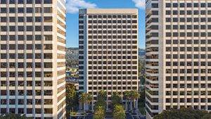 Exterior aerial hero photography of the Jamboree Center buildings in Irvine, CA.