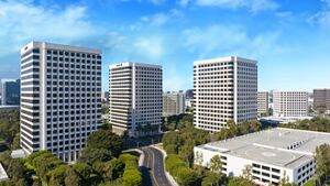 Exterior aerial hero photography of the Jamboree Center buildings in Irvine, CA.