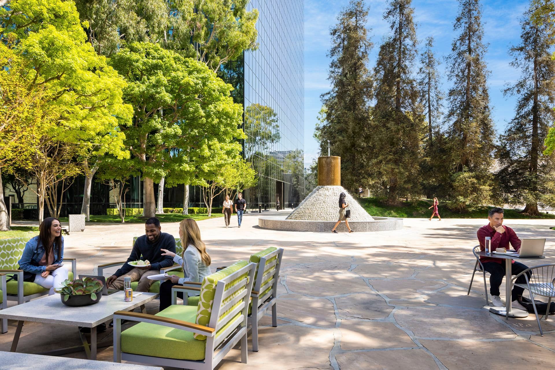 Exterior view of The Commons Outdoor workspace at Pacific Arts Plaza in Costa Mesa, CA.