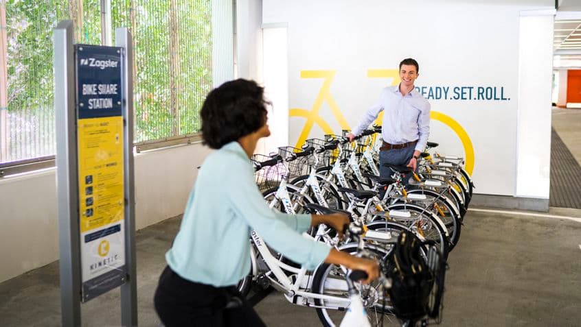 Lifestyle photography of the Zagster bike share offering at 200 Spectrum Center, Irvine, Ca