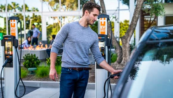 Lifestyle photography of the EV charging stations at Discovery Park - 15555 Laguna Canyon Road in Irvine, CA