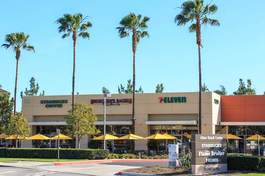 Exterior view of storefronts at Alton Retail Center at Irvine Spectrum in Irvine, CA.