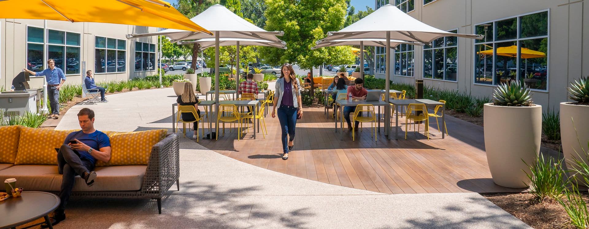 Lifestyle photography of the outdoor workspace between 38 and 36 Technology at Lakeview Business Center in Irvine, CA