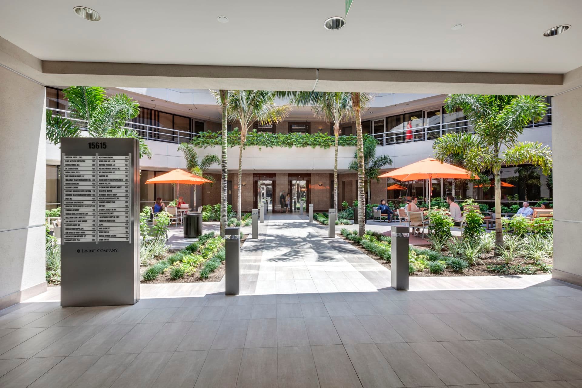 Exterior view of the outdoor workspace at Spectrum Court in Irvine, CA.