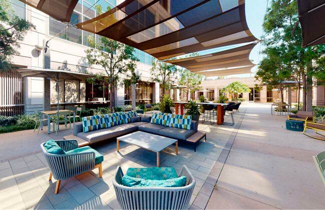 Exterior view of the outdoor workspace at Spectrum Court in Irvine, CA.