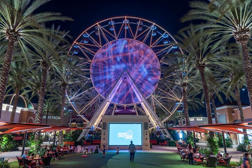 Evening view of the Giant Wheel Court at Irvine Spectrum Center in Irvine, CA.