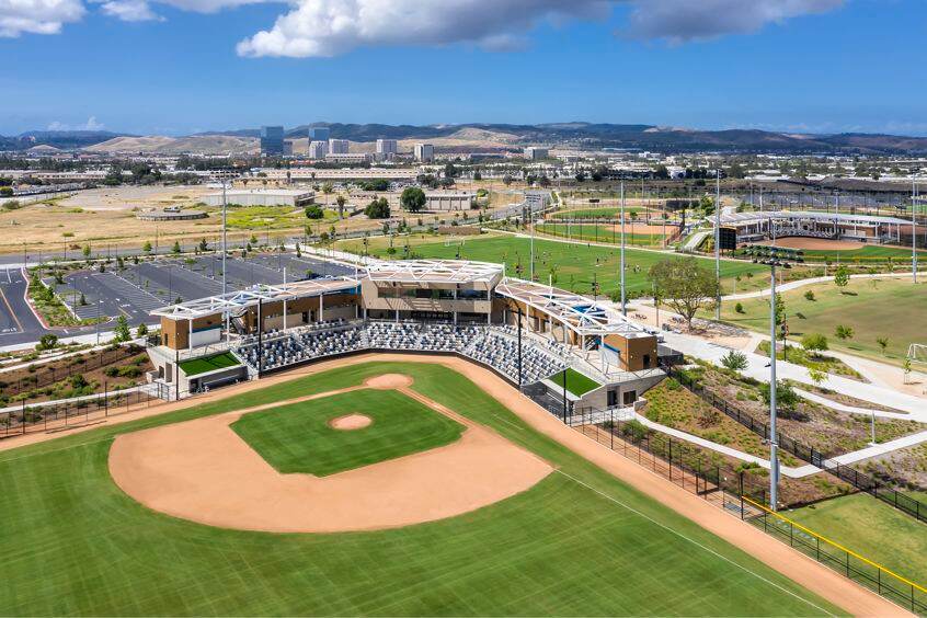 Aerial photography of the baseball stadium at the Orange County Great Park in Irvine, CA