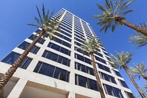 General exterior views of 520 Newport Center Drive office building in Newport Center. RMA Photography 2015.