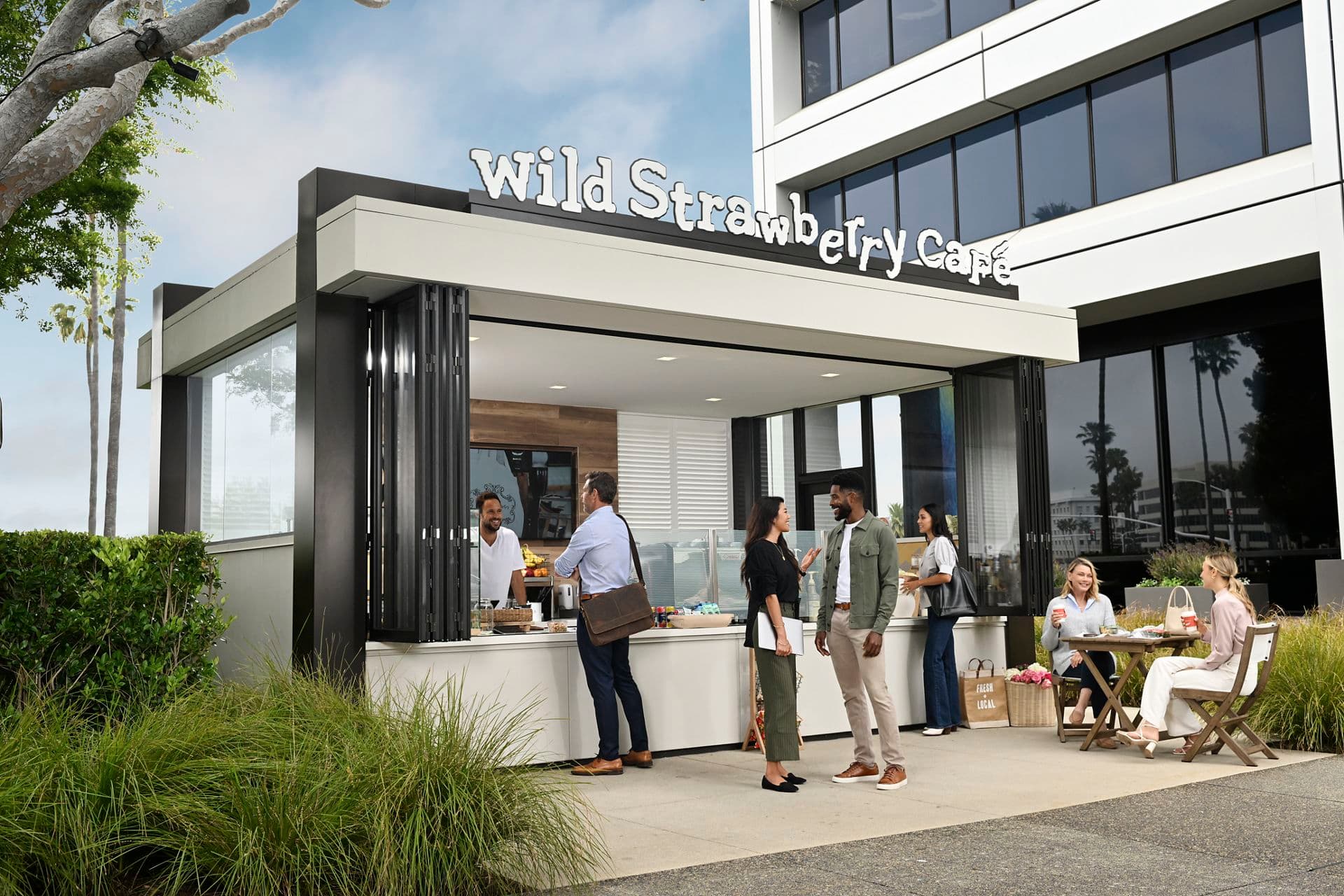 Exterior lifestyle photography of Wild Strawberry cafe at 610 Newport Center Drive, Newport Beach, CA.