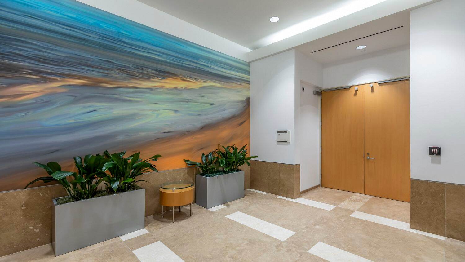 Interior photography of the lobby before reinvestment at 680 Newport Center Drive in Newport Beach, Ca