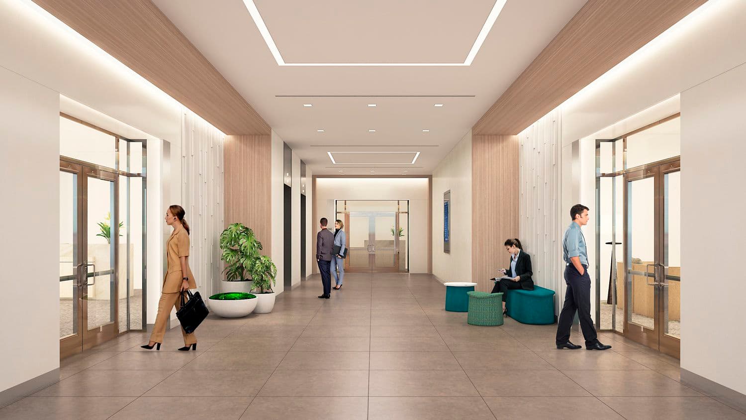 Interior renderings of the lobby reinvestment at 680 Newport Center Drive in Newport Beach, Ca